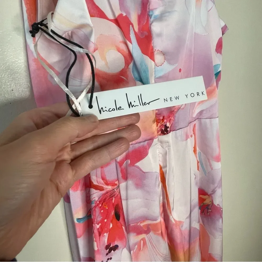 Nicole Miller Floral Dress Maxi Slip Long Sleeveless Satin Silky New Pink Small - Picture 10 of 14